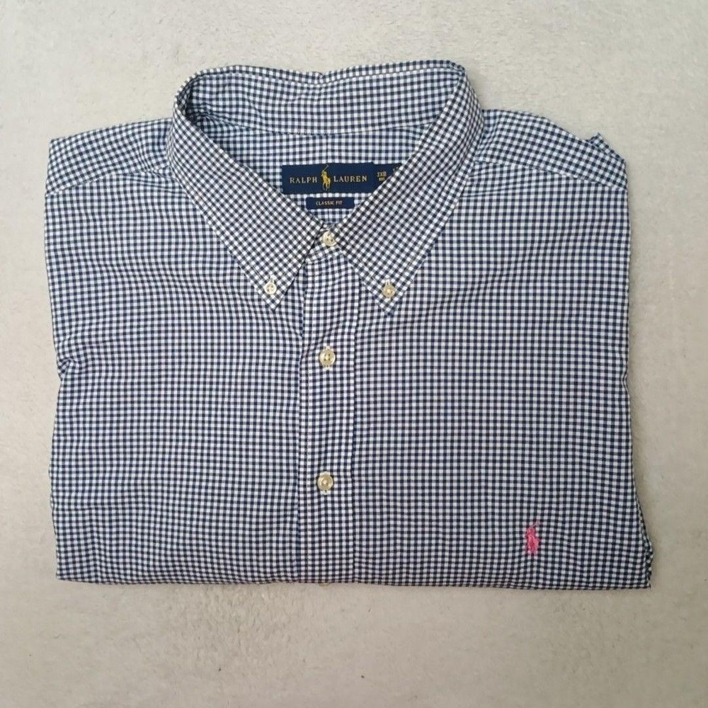 Ralph Lauren Shirt Mens Big 3XB Blue Plaid Button-Down Classic Pink Pony Casual